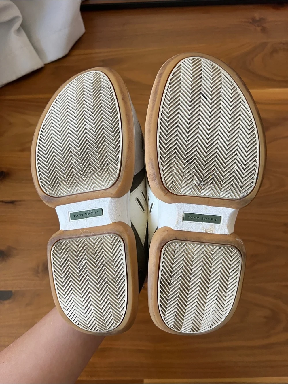Tory Burch White and Olive Suede Sneakers
